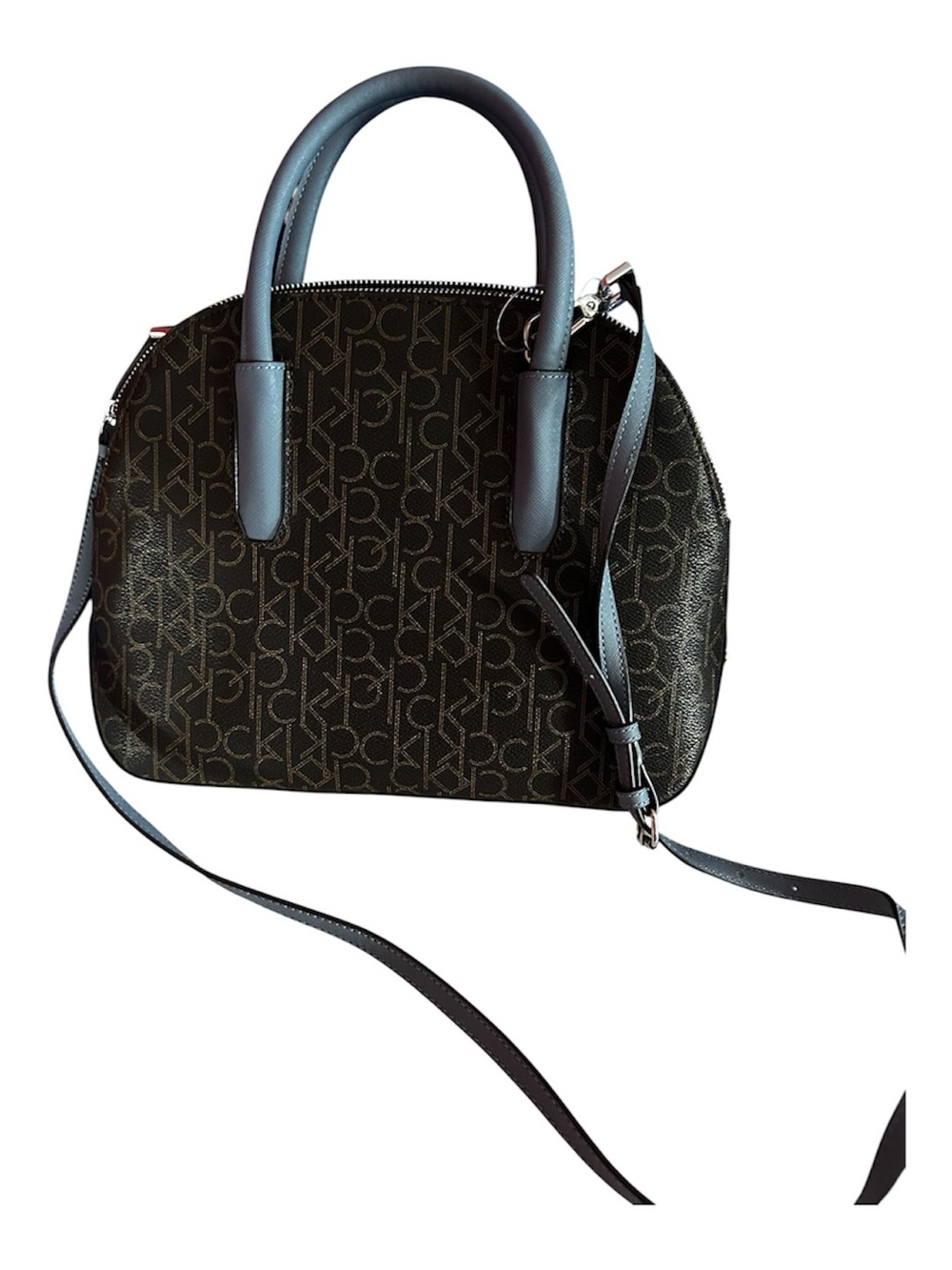 Calvin Klein Hudson Signature Monogram Top-Zip Domed Satchel Bag - Brown/Blue - Picture 3 of 10